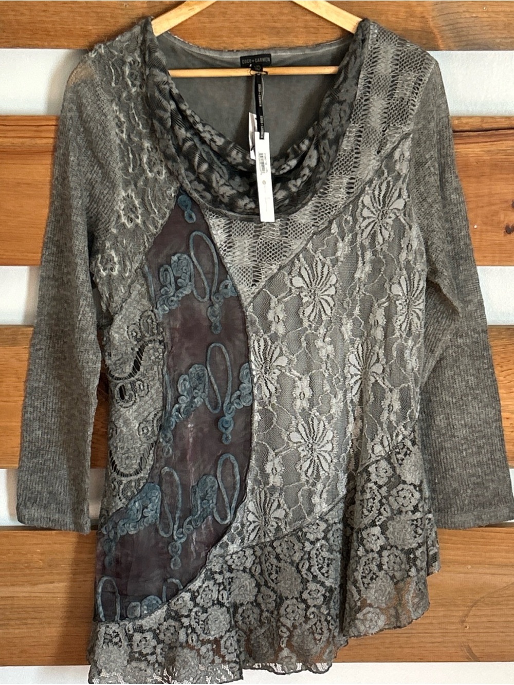 NWT Coco+Carmen Gray Multi-Media Fairycore Sheer Embroidery 3/4 Blouse Size L/XL